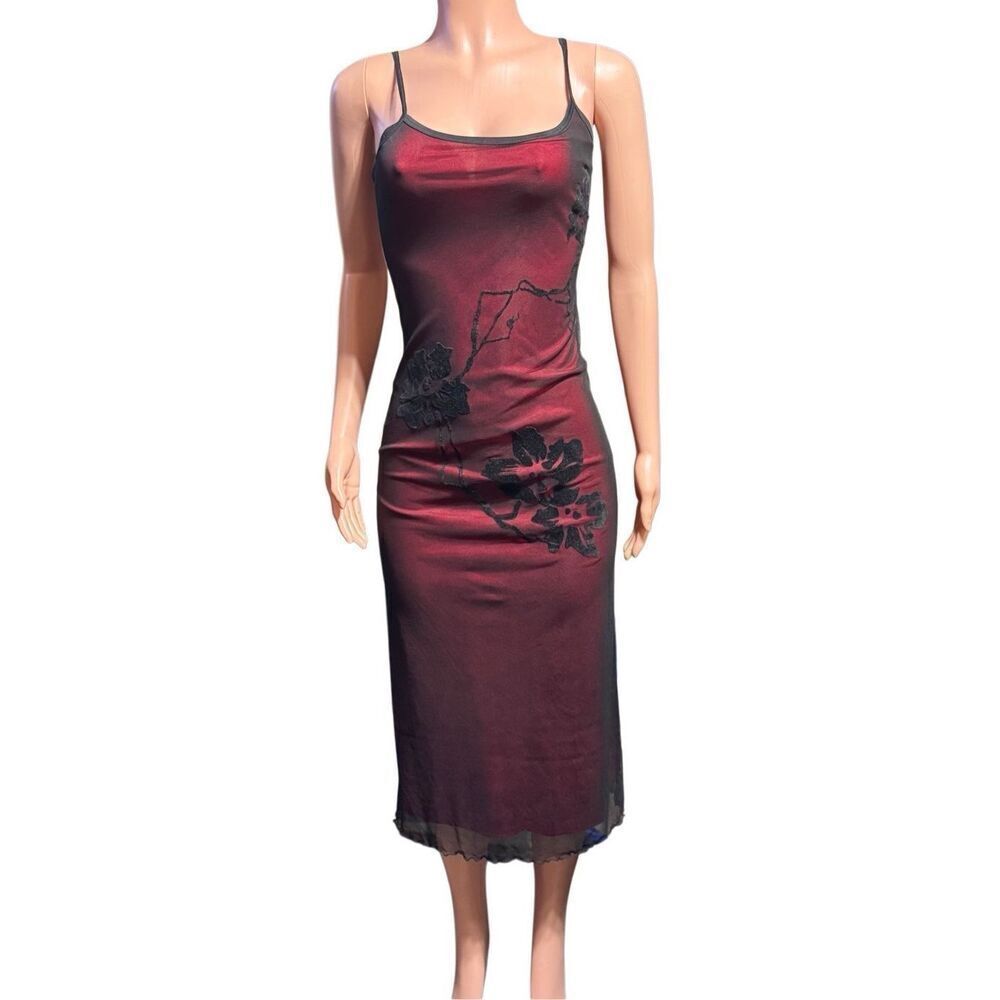 Whistle sleeveless burgundy and black midi mesh overlay and floral print dress M